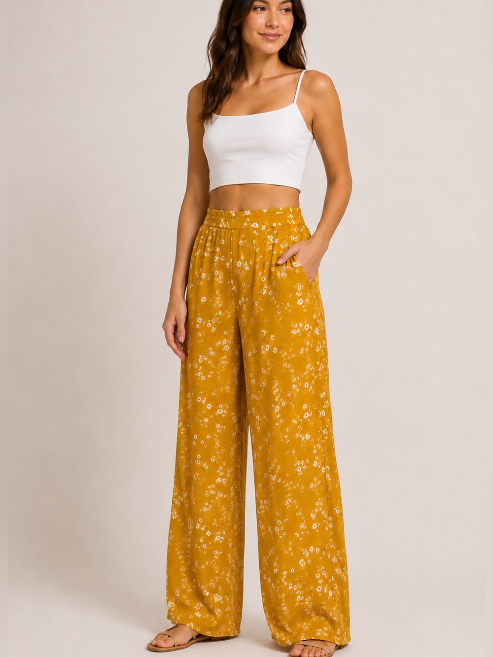 Emberly Mustard Floral Wide Legged Flowy Pants